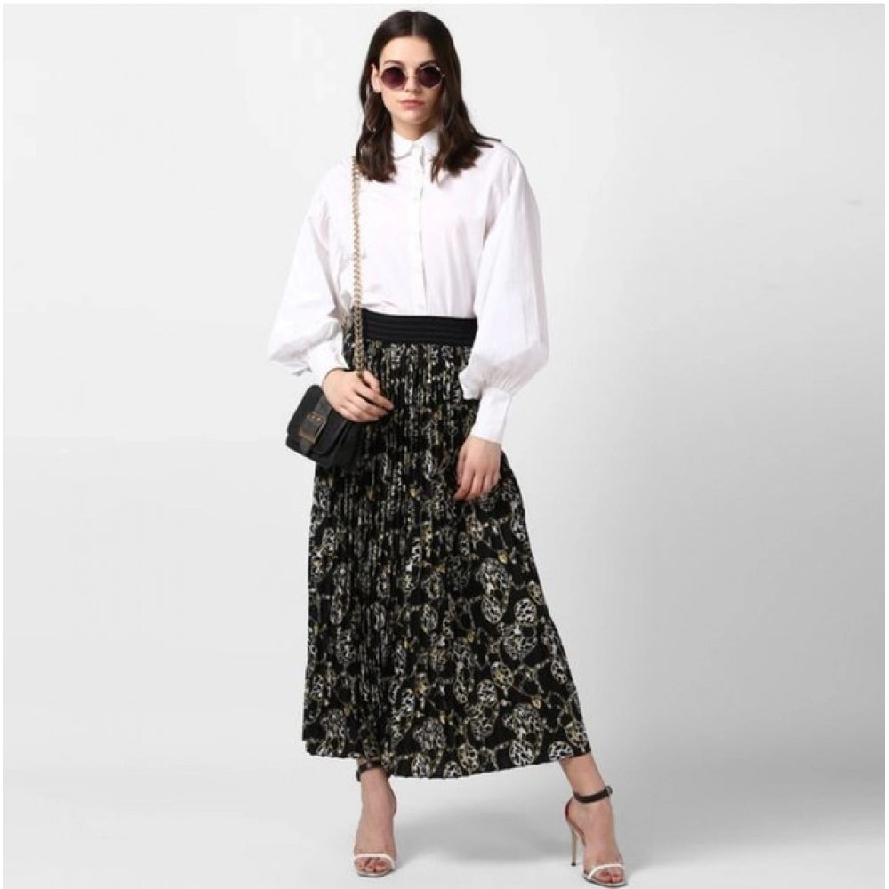 Generic Women's Georgette Chain Print Elasticated Skirt (Black-Cream)