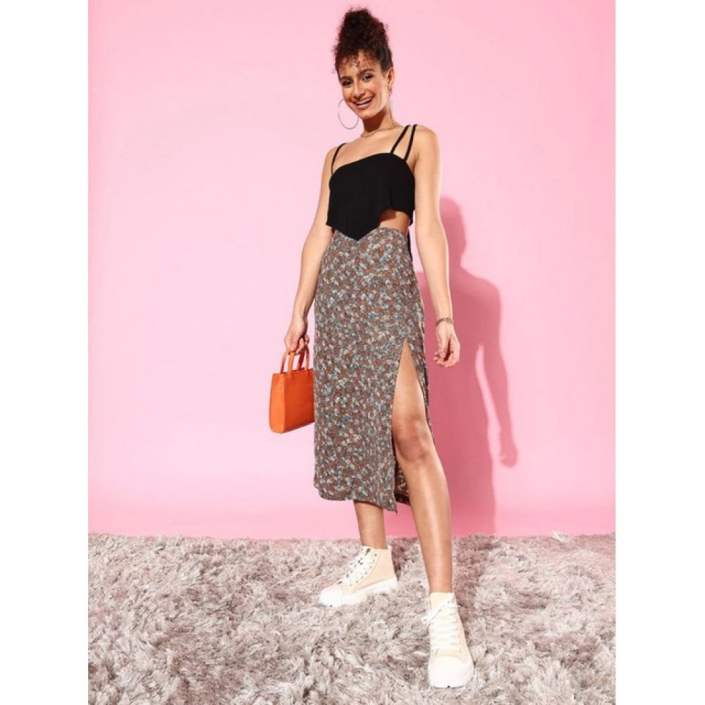 Generic Women's Polyester Floral Side Zip Skirt (Grey - Coral)