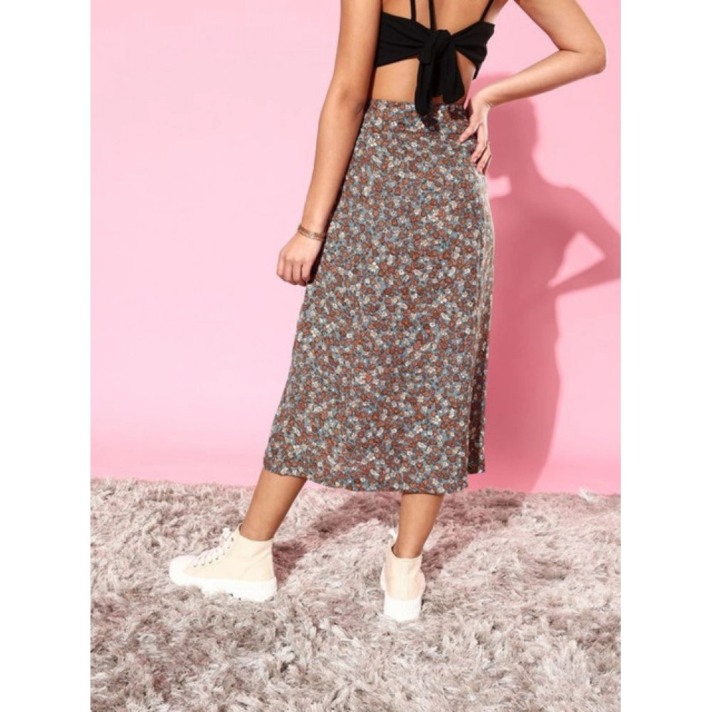 Generic Women's Polyester Floral Side Zip Skirt (Grey - Coral)