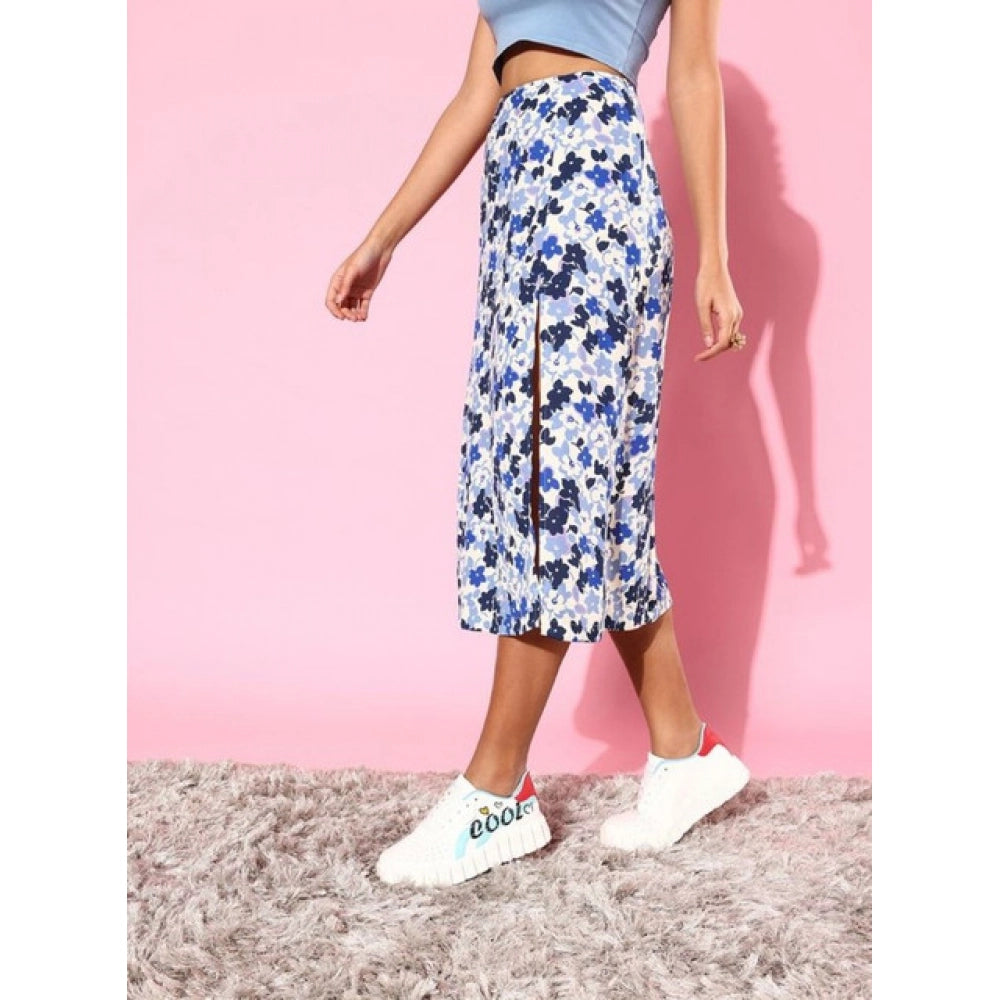Generic Women's Polyester Floral Side Zip Skirt (Blue - White)