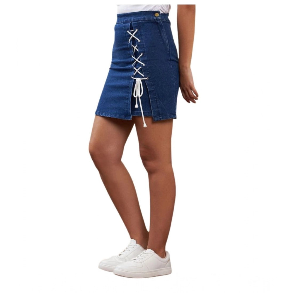 Generic Women's Denim Lycra Solid Button Skirt (Blue)