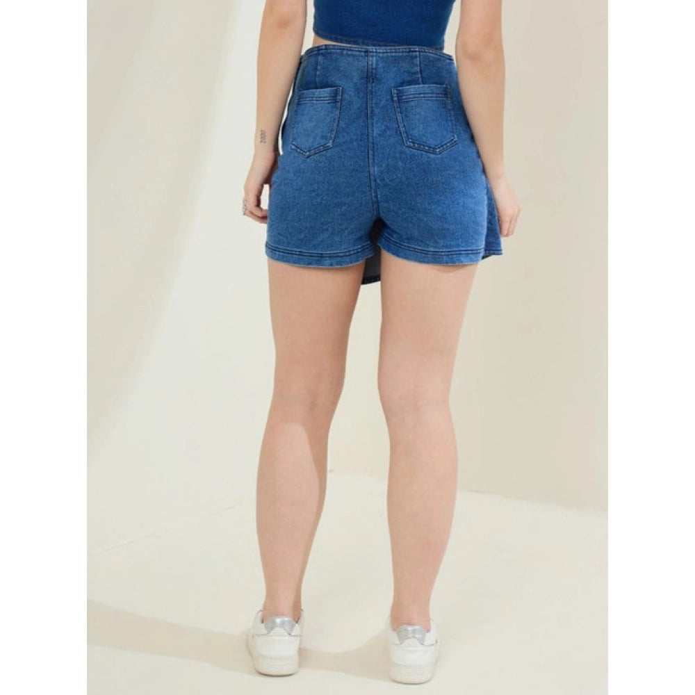 Generic Women's Denim Lycra Solid Zip Closure Skorts (Blue)
