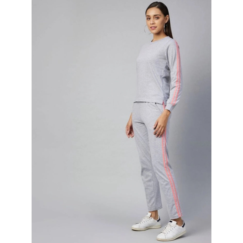 Generic Women's Cotton Solid Long Sleeves Tracksuit (Light Grey - Pink)