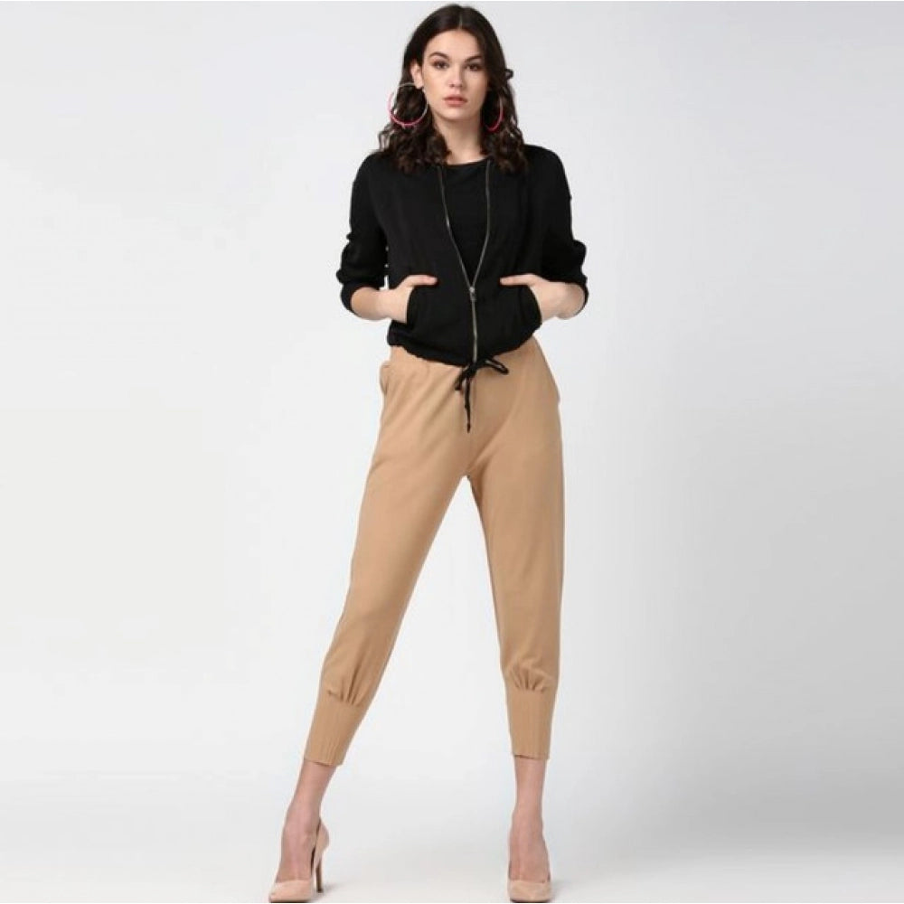 Generic Women's Polyester Solid Elasticated Trousers (Beige)