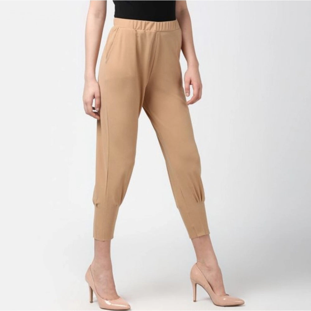 Generic Women's Polyester Solid Elasticated Trousers (Beige)