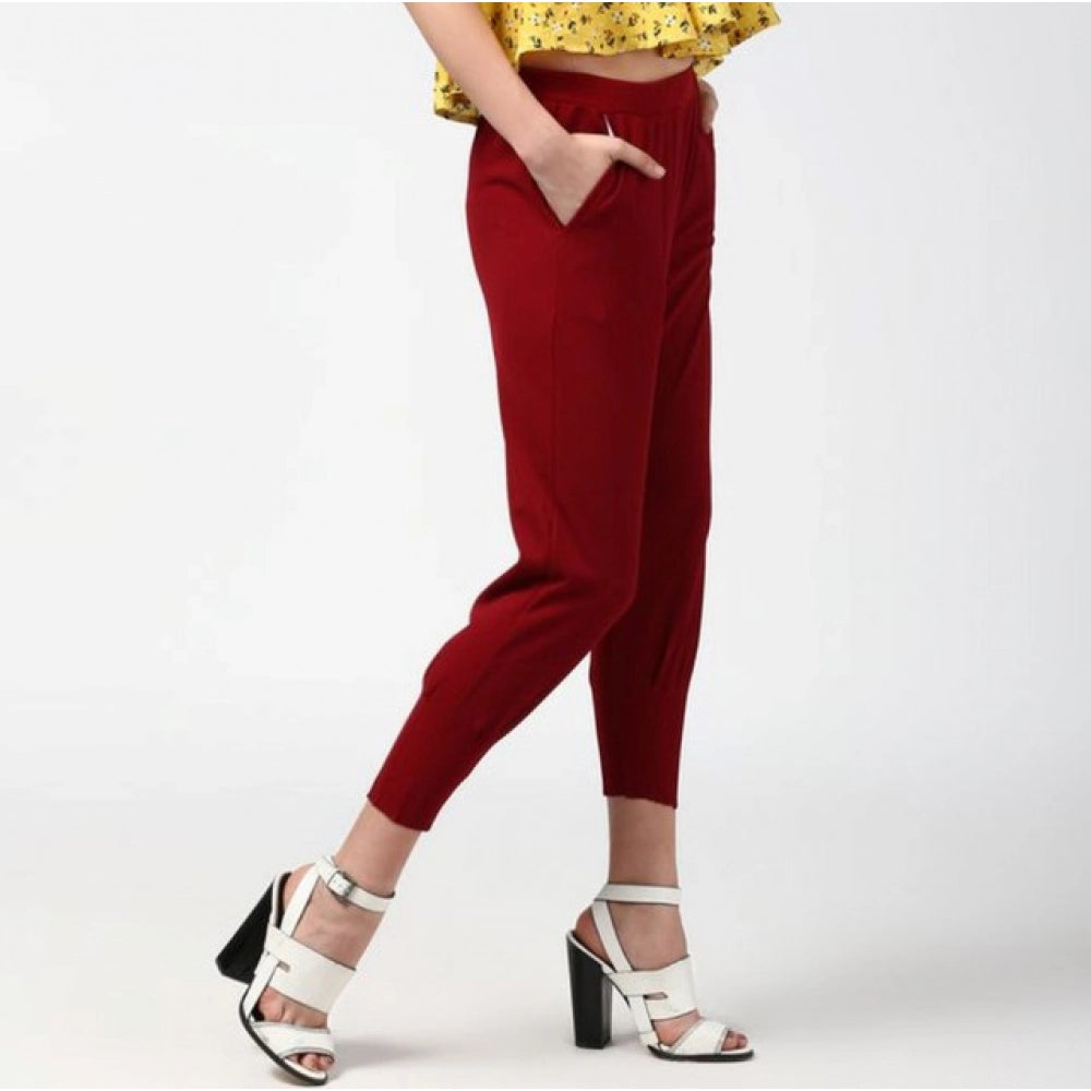 Generic Women's Polyester Solid Elasticated Trousers (Maroon)