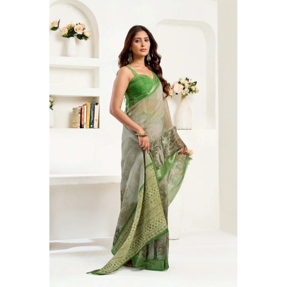 Generic Women's Faux Linen Printed Ready to wear Saree With Unstitched Blouse 5.5Mtr (Light_Green)