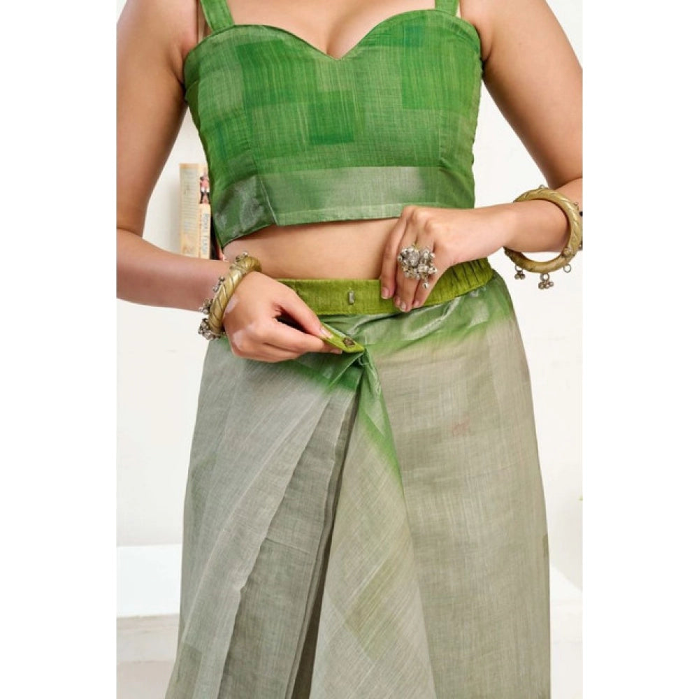 Generic Women's Faux Linen Printed Ready to wear Saree With Unstitched Blouse 5.5Mtr (Light_Green)