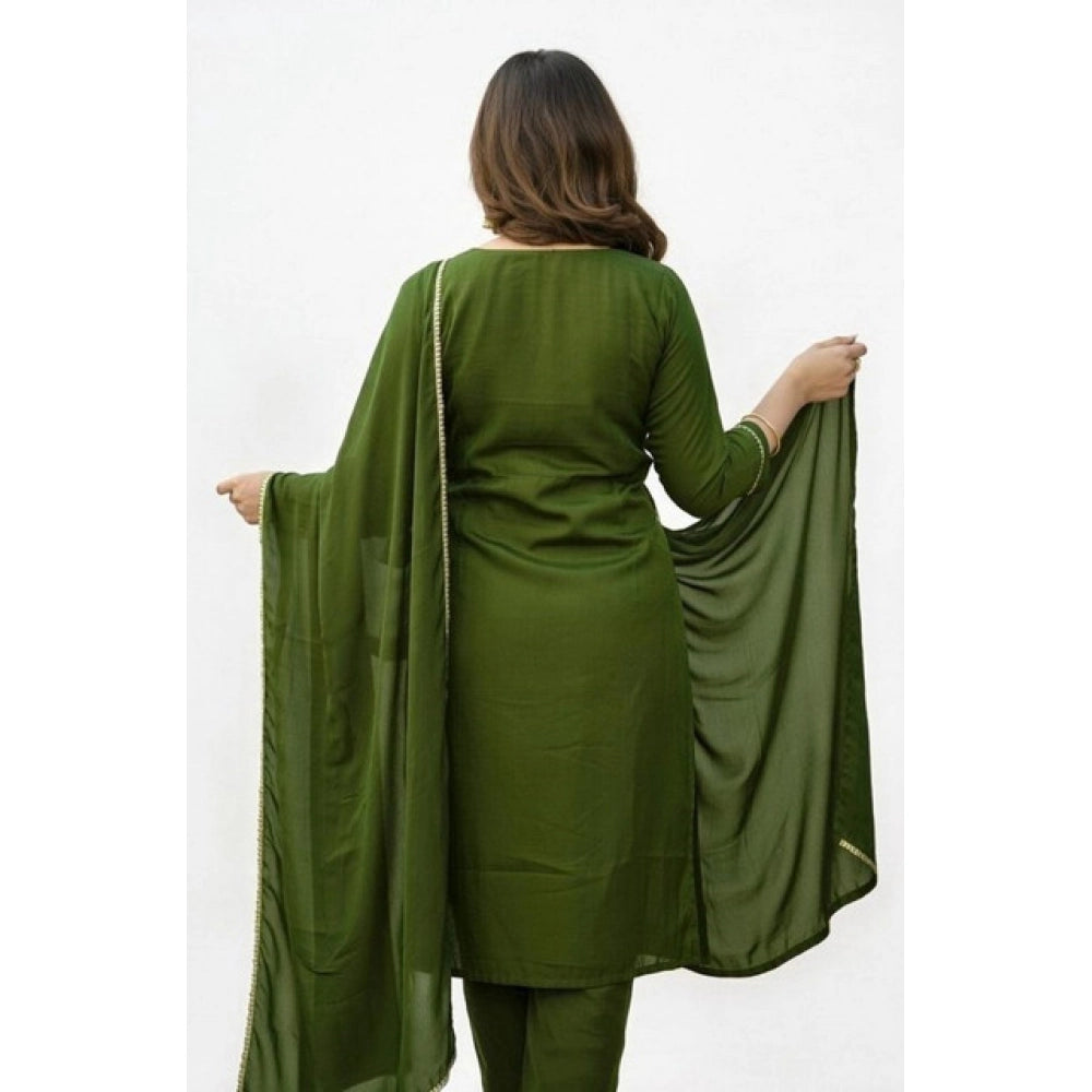 Generic Women's Georgette Ethnic Motif Round 3/4th Sleeve Kurti With Pant Dupatta Set (Mahendi)