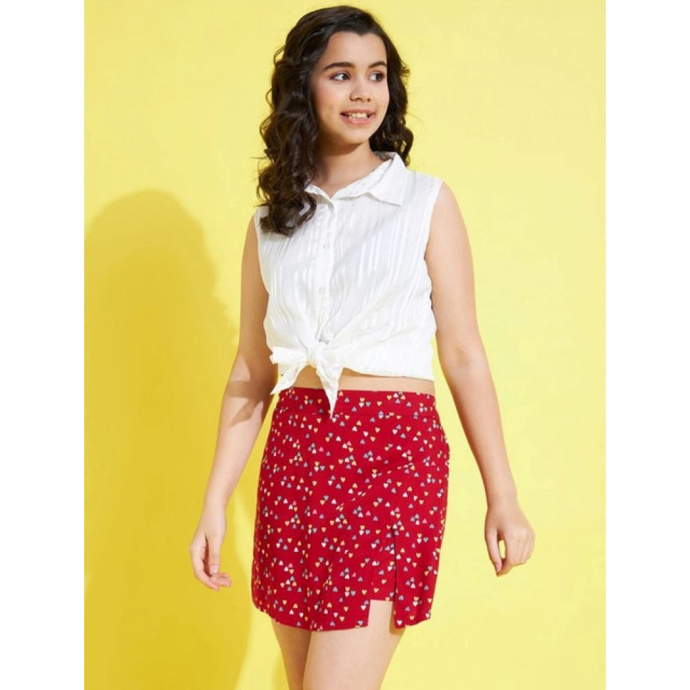 Generic Girl's Polyester Lurex Printed Sleeveless Skorts Set (White-Red)