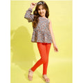 Generic Girl's Polyester Floral One Shoulder Jeggings Set (Grey-Orange)