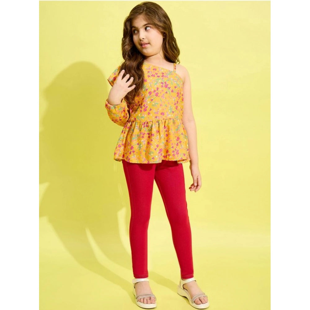 Generic Girl's Polyester Floral One Shoulder Jeggings Set (Yellow-Red)
