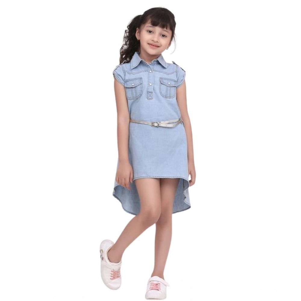 Generic Girl's Denim Hi Lo Short Sleeve Dress with Belt (Blue)
