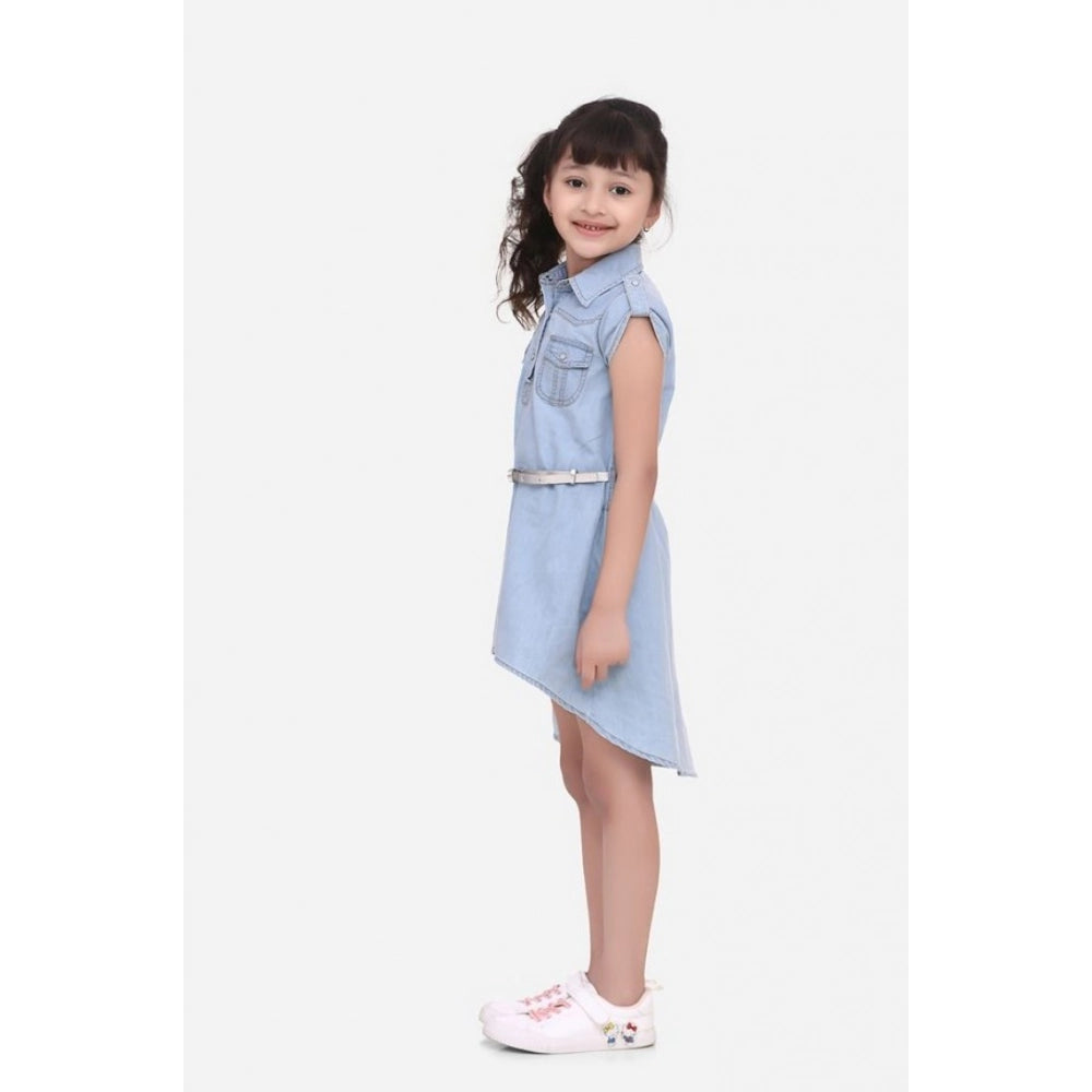 Generic Girl's Denim Hi Lo Short Sleeve Dress with Belt (Blue)