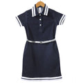 Generic Girl's Denim Lycra Ribbed Elasticated Dress with Belt (Navy Blue-White)
