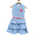 Girl's Denim Embellished Sleeveless Dress with Belt (Light Blue)