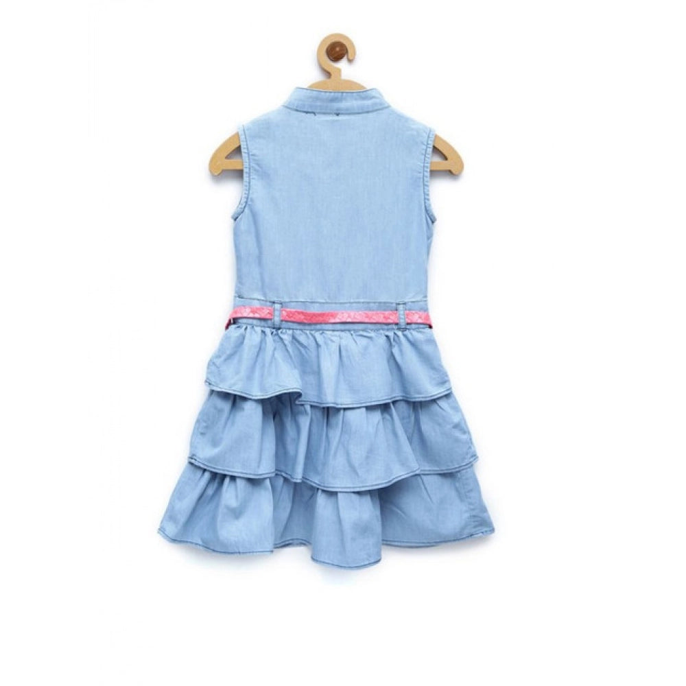 Girl's Denim Embellished Sleeveless Dress with Belt (Light Blue)
