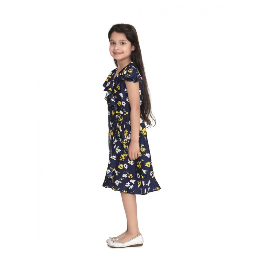 Generic Girl's Polyester Crepe Polka Cold Shoulder Dress (Navy Blue)