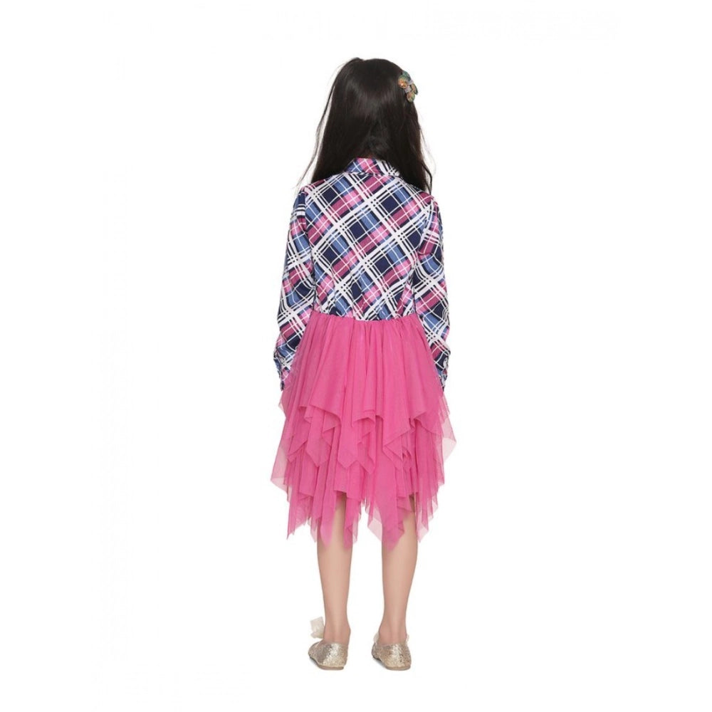 Generic Girl's Polyster Crepe Lace Inserts Long Sleeves Dress (Pink-Blue)