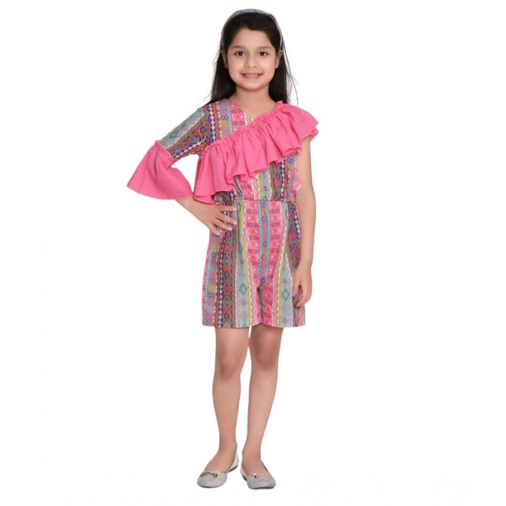 Girl's Cotton &amp; Polyester Printed 3/4th Sleeves Dress (Pink)