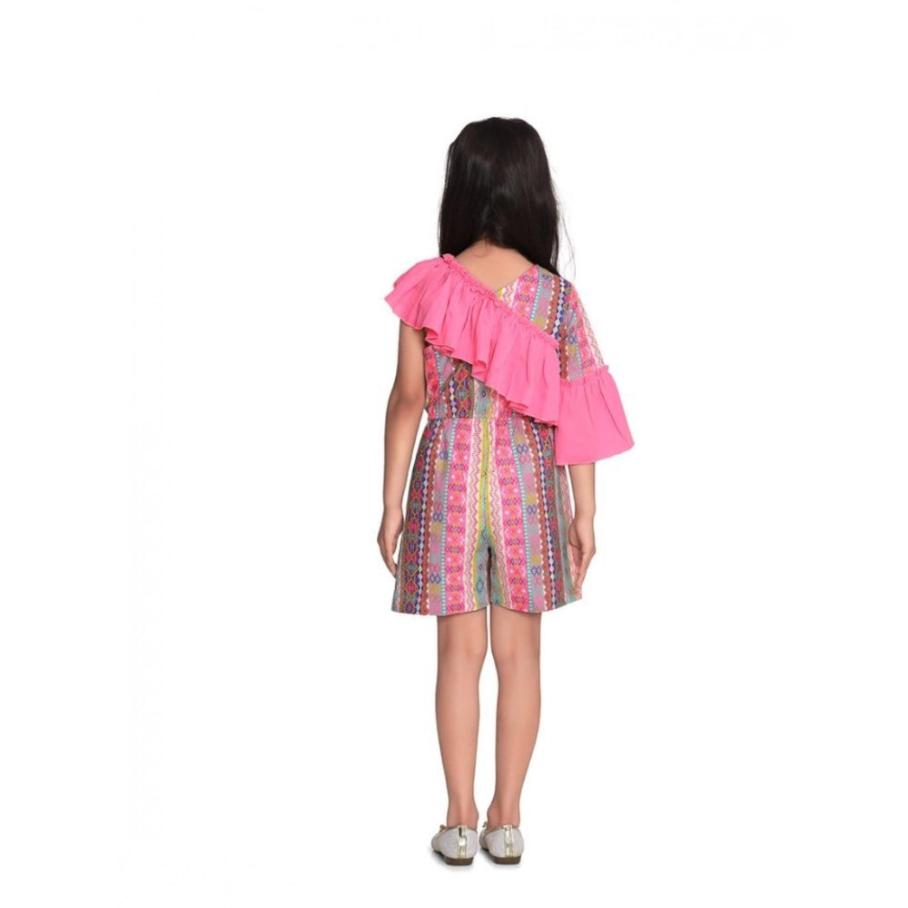 Girl's Cotton &amp; Polyester Printed 3/4th Sleeves Dress (Pink)