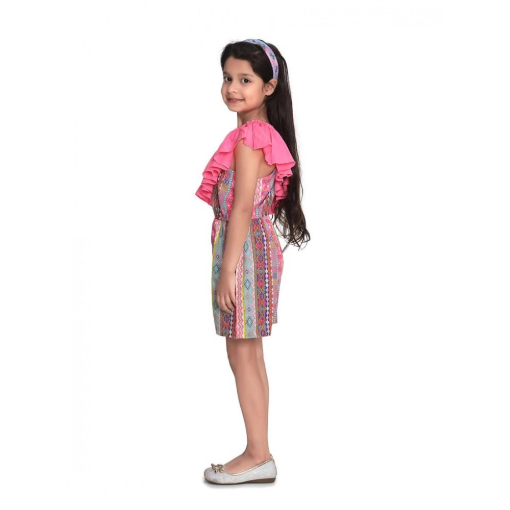 Girl's Cotton &amp; Polyester Printed 3/4th Sleeves Dress (Pink)