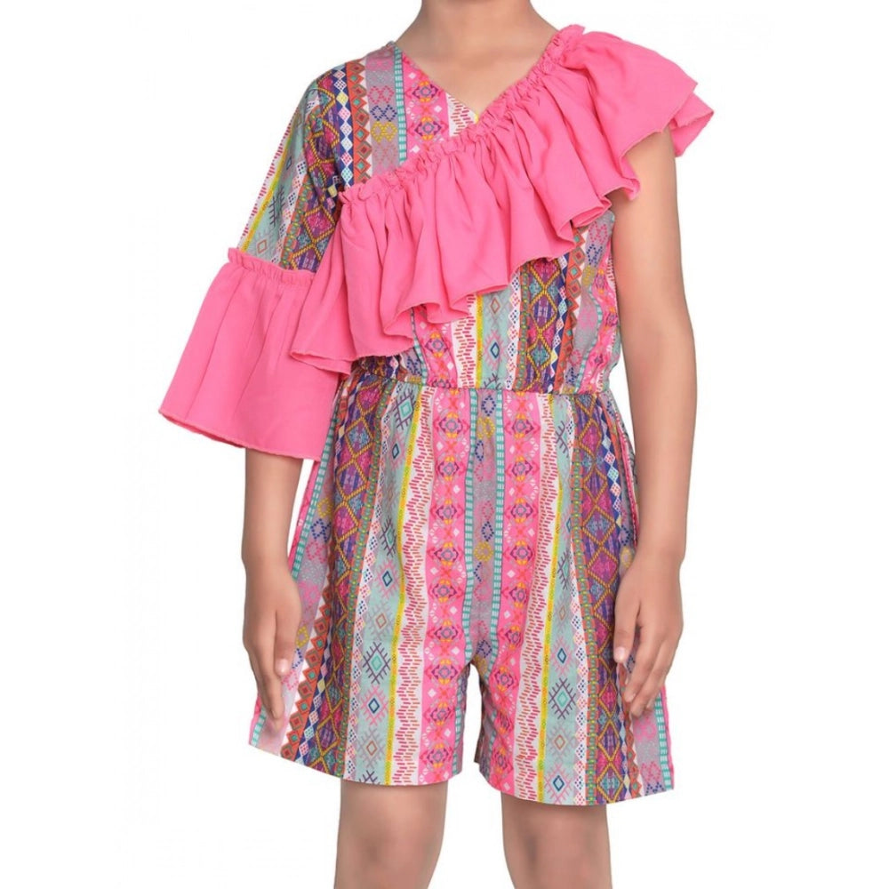 Girl's Cotton &amp; Polyester Printed 3/4th Sleeves Dress (Pink)