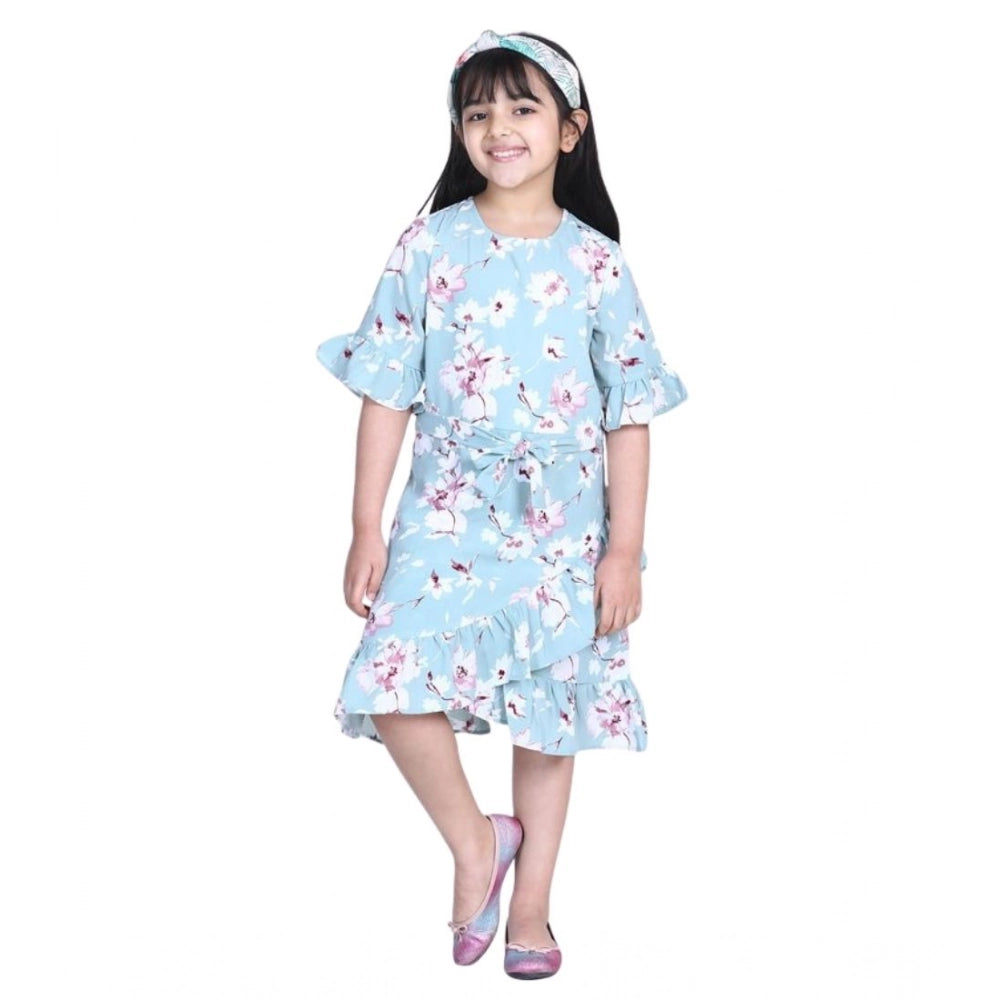 Generic Girl's Polyester Crepe Floral Bell Sleeve Dress (Turquoise Blue)