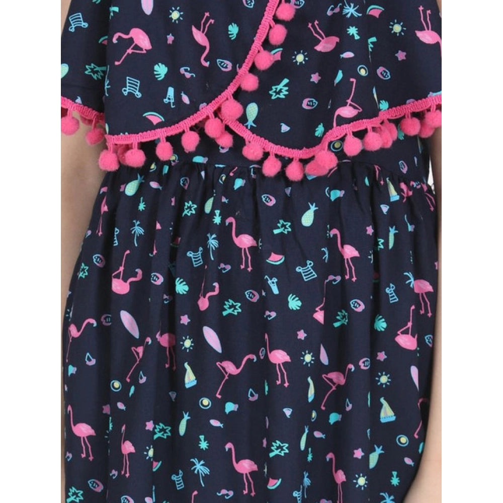 Generic Girl's Rayon Flamingo Print Sleeveless Dress (Black)