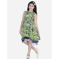 Generic Girl's Polyester Crepe &amp; Net Printed Sleeveless Dress (Yellow-Blue)