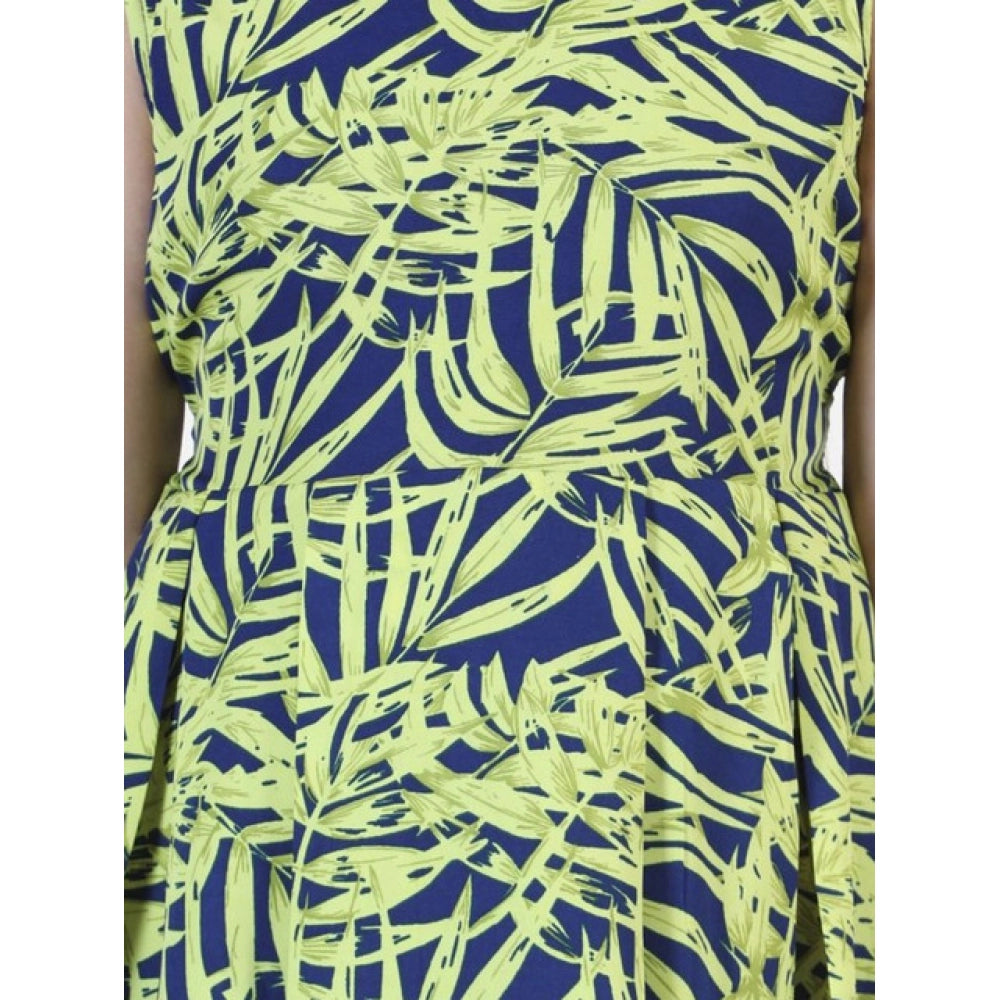 Generic Girl's Polyester Crepe &amp; Net Printed Sleeveless Dress (Yellow-Blue)