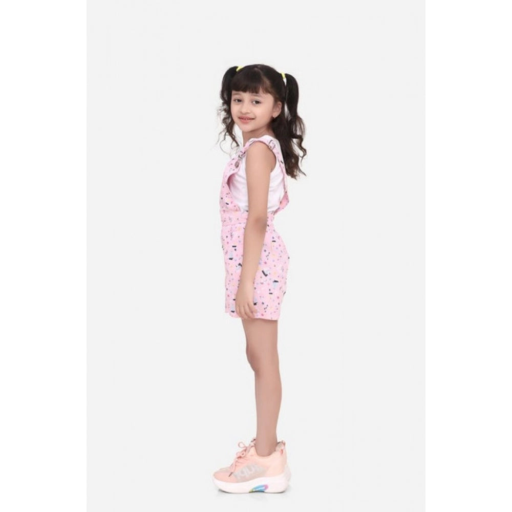 Generic Girl's Inner- Cotton Printed Sleeveless Dungaree (Light Pink)