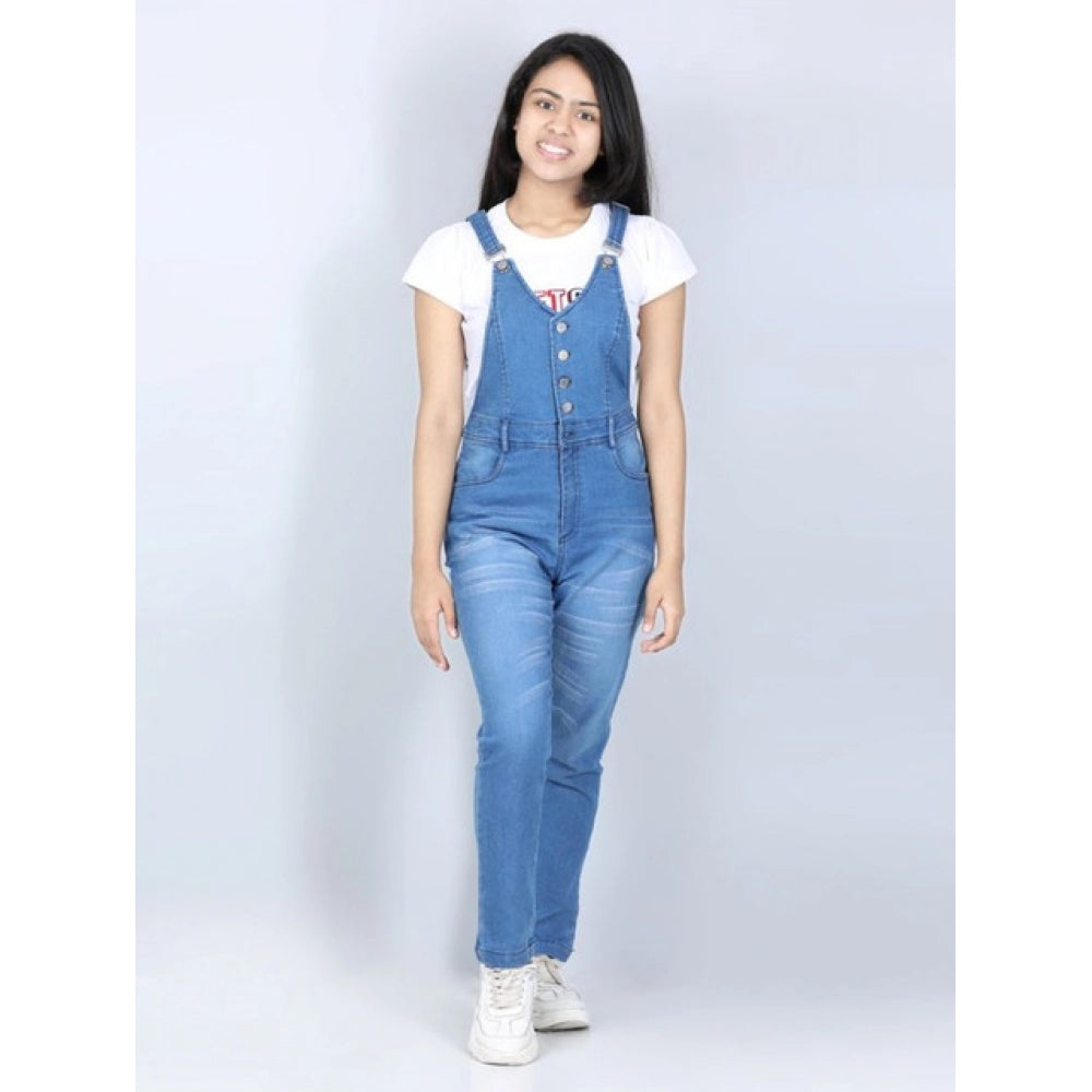 Generic Girl's Denim Solid Buttoned Dungaree (Blue)