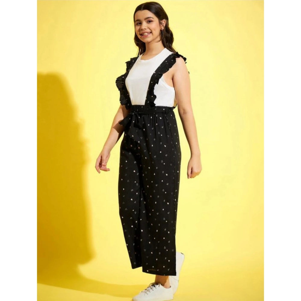 Generic Girl's Cotton Printed Sleeveless Dungaree (Black-White)