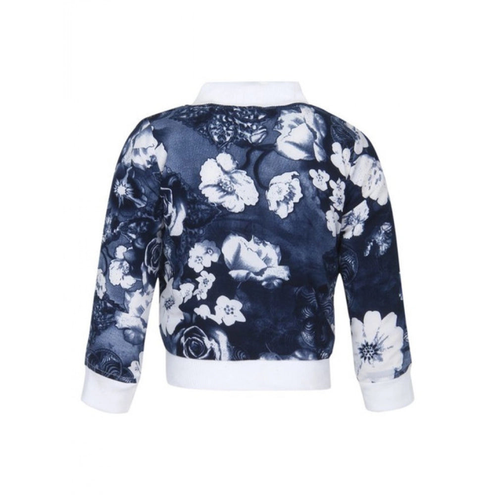 Generic Girl's Polyester Printed Long Sleeves Bomber Jacket (White-Blue)