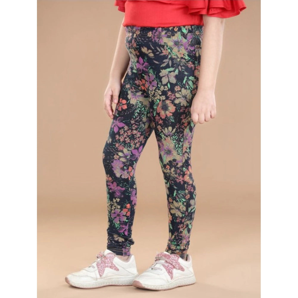 Generic Girl's Cotton Lycra Floral Elasticated Jeggings (Multicolor)