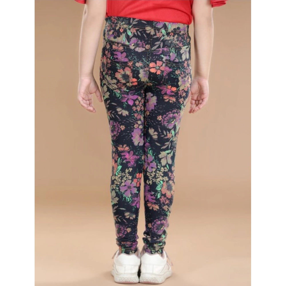 Generic Girl's Cotton Lycra Floral Elasticated Jeggings (Multicolor)