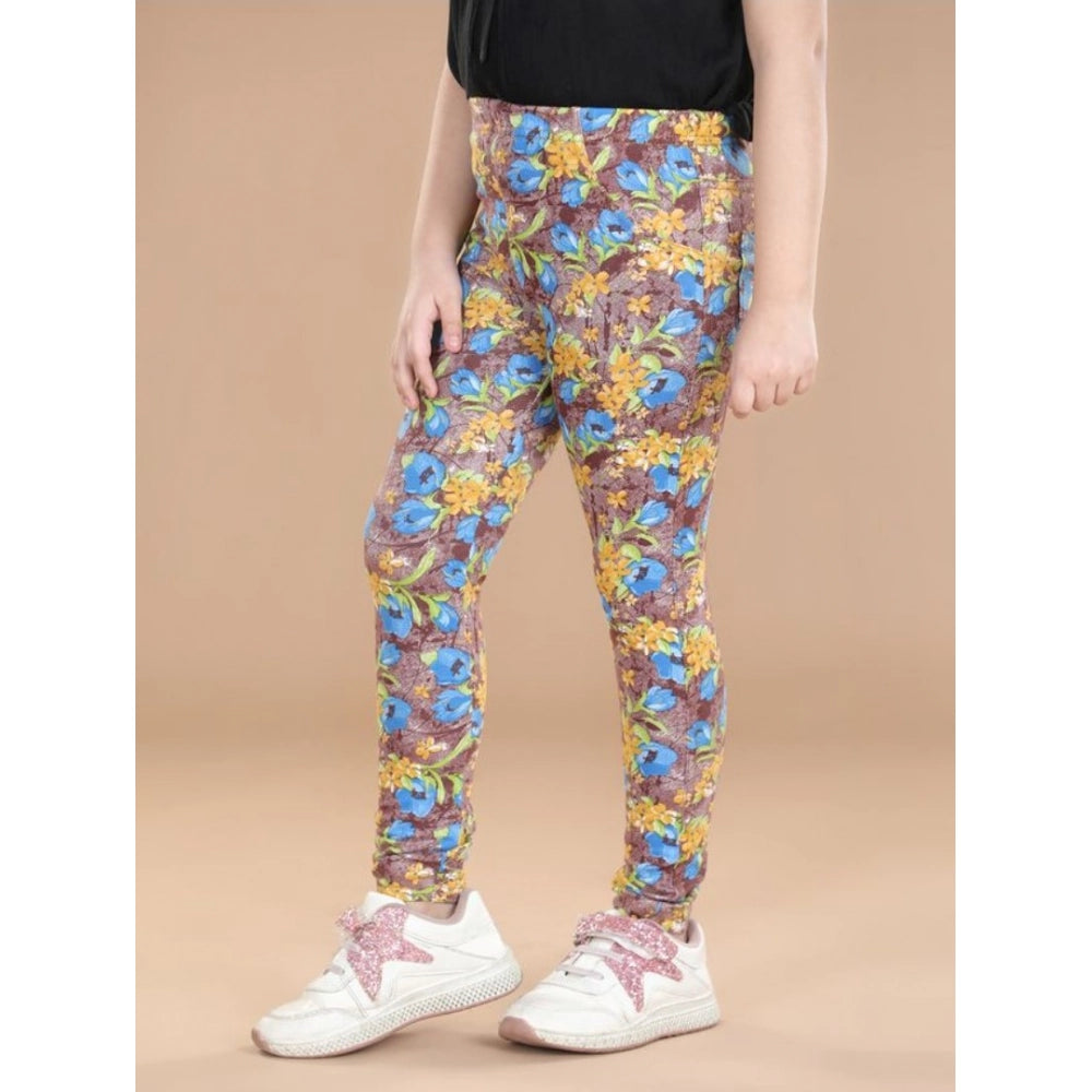 Generic Girl's Cotton Lycra Floral Elasticated Jeggings (Multicolor)