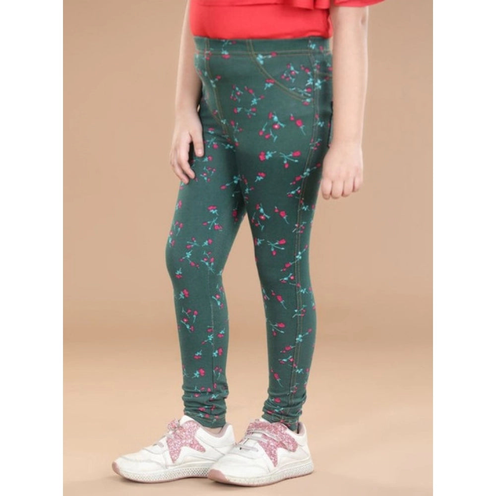 Generic Girl's Cotton Lycra Floral Elasticated Jeggings (Bottle Green)