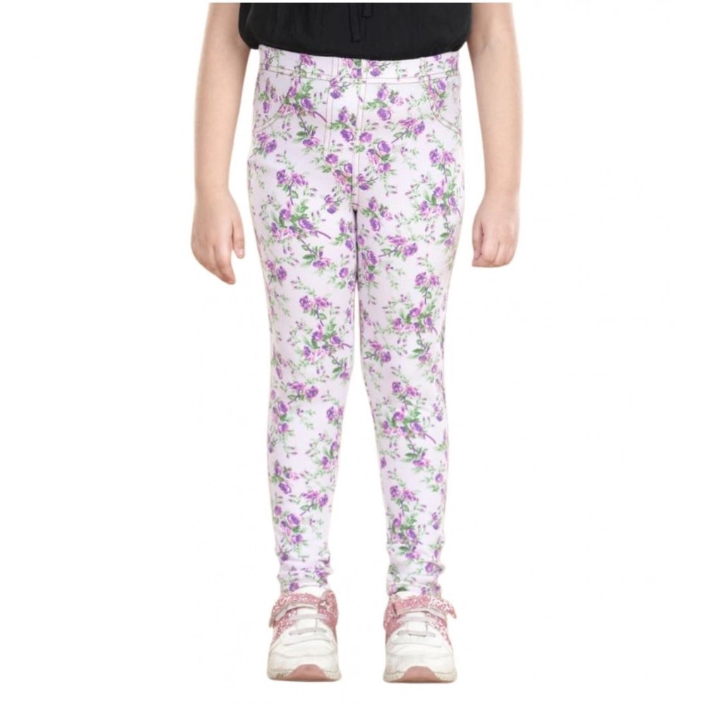 Generic Girl's Cotton Lycra Floral Elasticated Jeggings (Lavender)