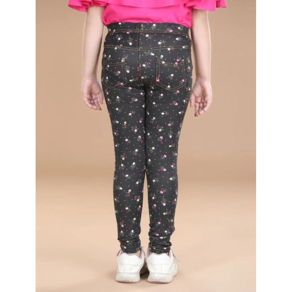 Generic Girl's Cotton Lycra Floral Elasticated Jeggings (Multicolor)