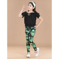 Generic Girl's Cotton Lycra Floral Elasticated Jeggings (Black-Green)
