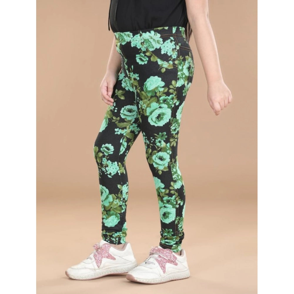 Generic Girl's Cotton Lycra Floral Elasticated Jeggings (Black-Green)