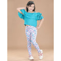 Generic Girl's Cotton Lycra Floral Elasticated Jeggings (White-Turquoise Blue)