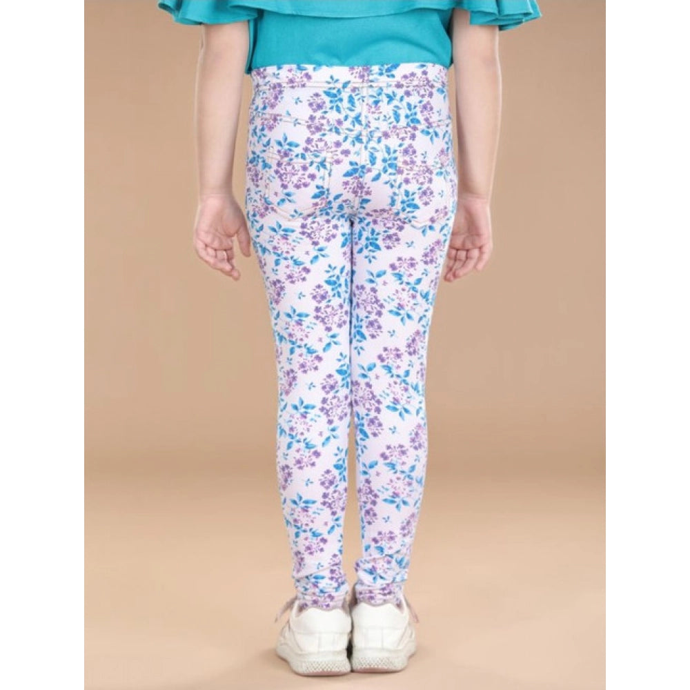 Generic Girl's Cotton Lycra Floral Elasticated Jeggings (White-Turquoise Blue)
