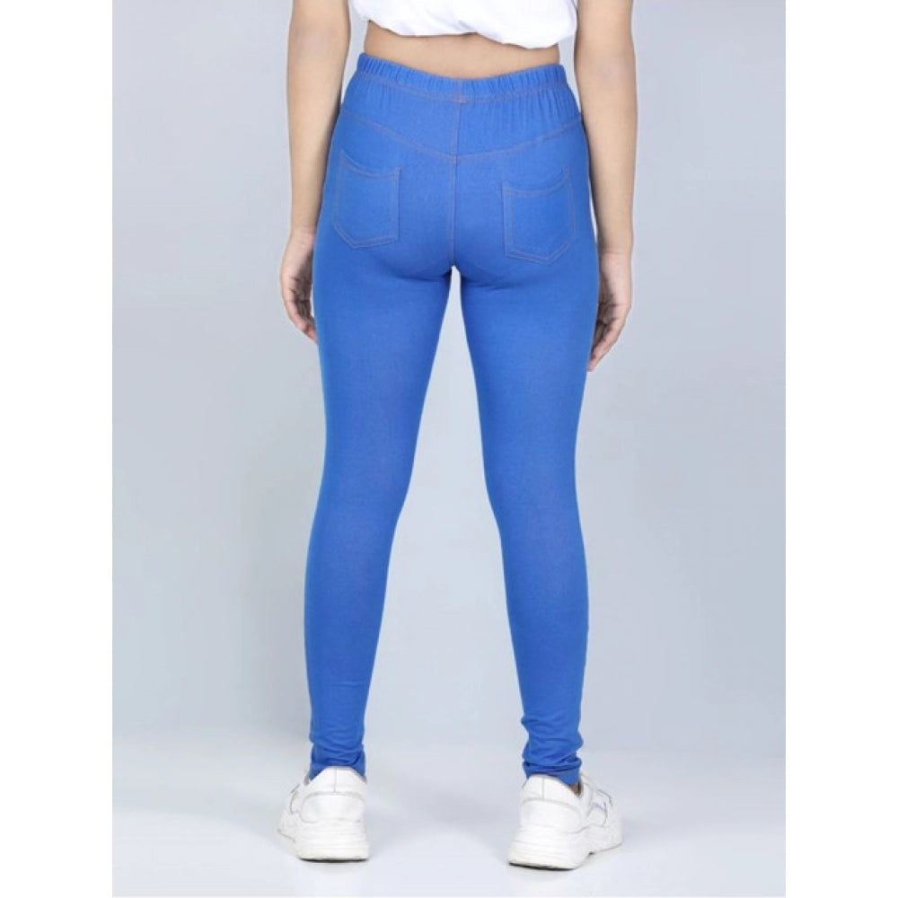 Generic Girl's Cotton Lycra Solid Elasticated Jeggings (Blue)