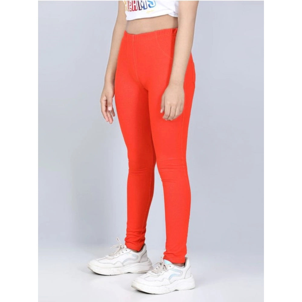 Generic Girl's Cotton Lycra Solid Elasticated Jeggings (Orange)