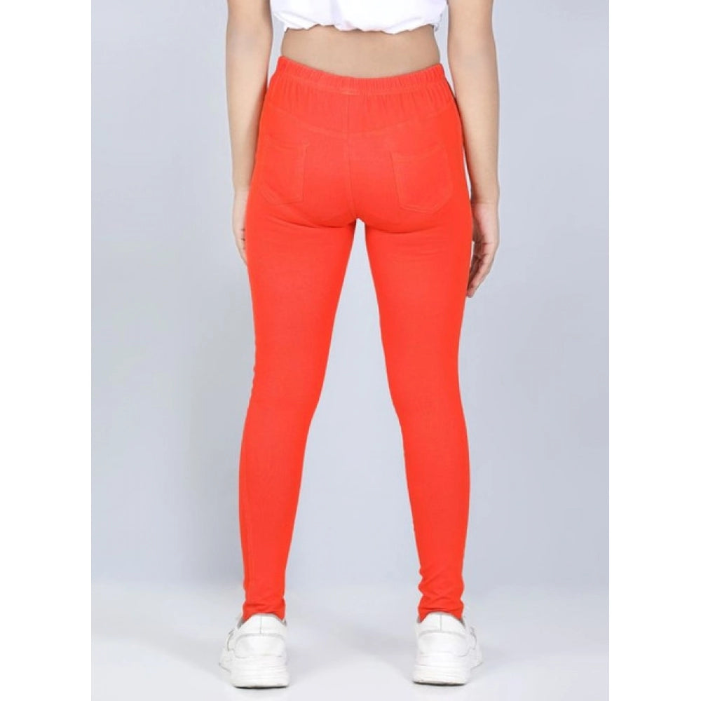 Generic Girl's Cotton Lycra Solid Elasticated Jeggings (Orange)