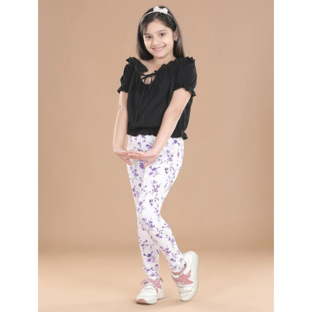 Generic Girl's Cotton Lycra Floral Elasticated Jeggings (White-Lavender)