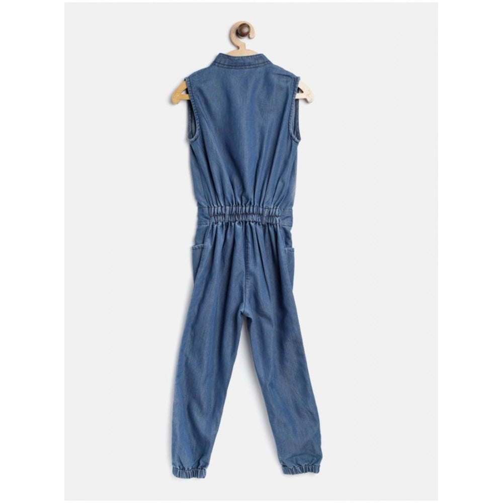 Generic Girl's Denim Embellished Sleeveless Jumpsuit (Blue)